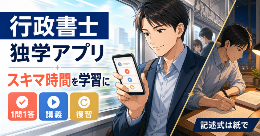 行政書士の独学アプリを通勤中のスマホ学習と紙の記述式で使い分けるイラスト