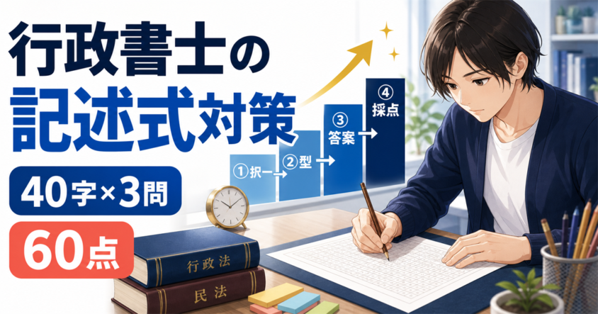 行政書士の記述式対策を40字×3問・60点と4段階で示すイラスト