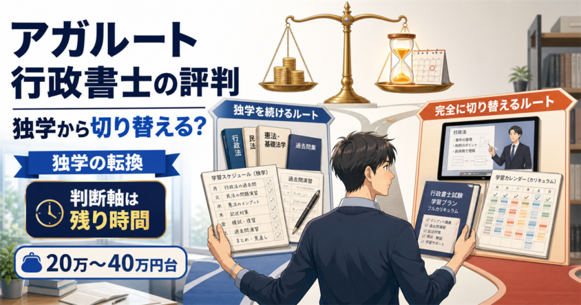 アガルート行政書士へ独学から切り替える判断を残り時間と費用で比較するイラスト