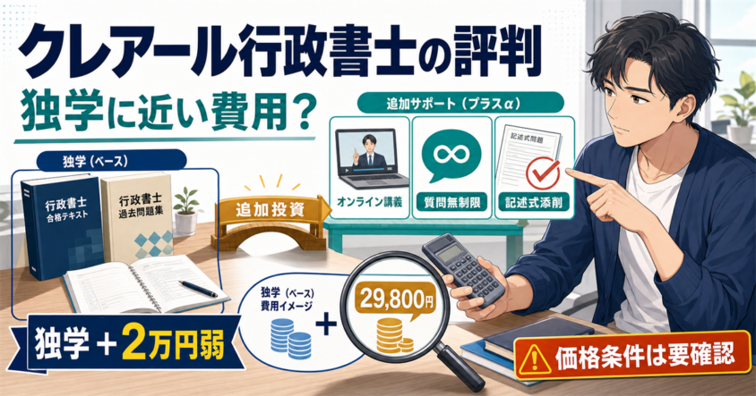 クレアール行政書士を独学＋2万円弱の費用と質問無制限・記述式添削で比較するイラスト