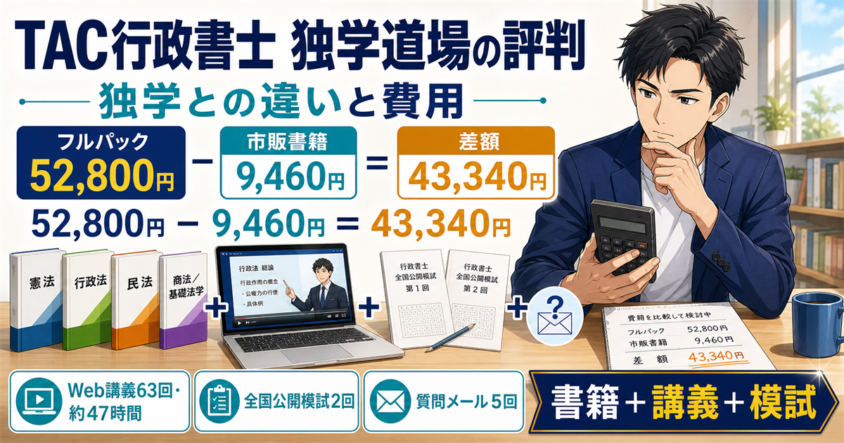 TAC行政書士の独学道場を市販書籍との差額と講義・模試の内容で比較するイラスト