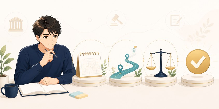 行政書士試験に独学で合格するための3つの条件を表したイラスト