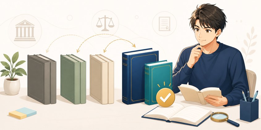 行政書士の独学用テキストと問題集を比較するイラスト