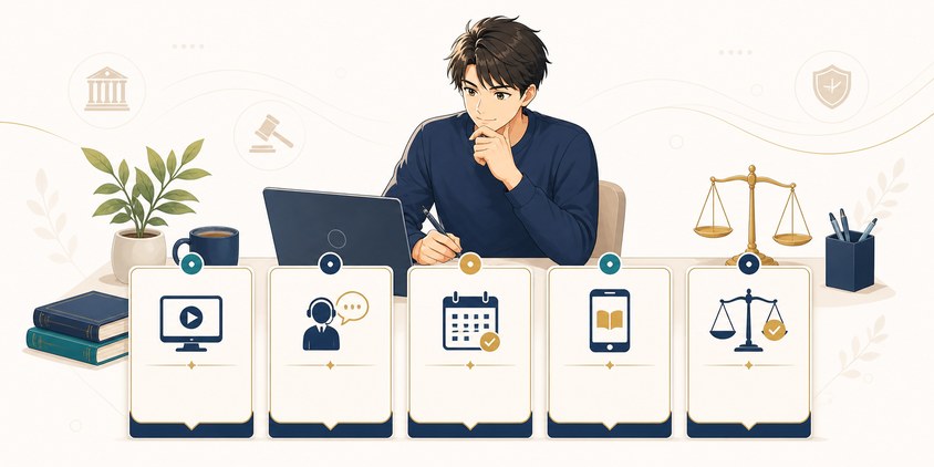 行政書士の通信講座を比較検討するイラスト