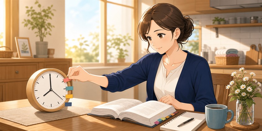 家事の合間に毎日の学習時間を固定して行政書士の勉強を続ける主婦