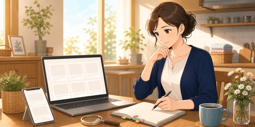パソコンやスマートフォンで同じ立場の独学記録を探す主婦