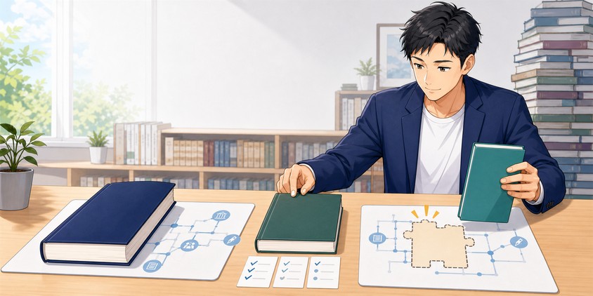 メインテキスト・問題集・参考書の役割を整理する男性