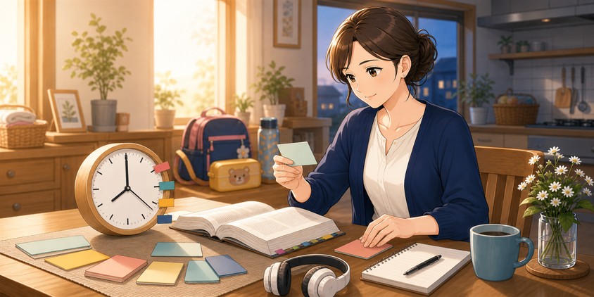 家事と育児に合わせて時間帯別の学習スケジュールを組む主婦