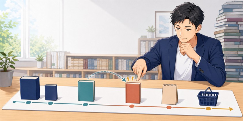 学習の進み具合を確認して参考書を買い足す時期を判断する男性