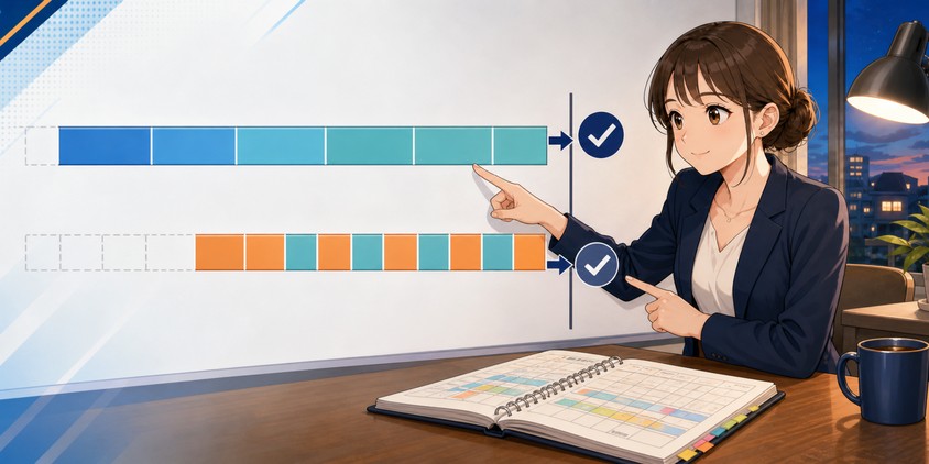 2つの月別学習スケジュールを比較する女性受験生