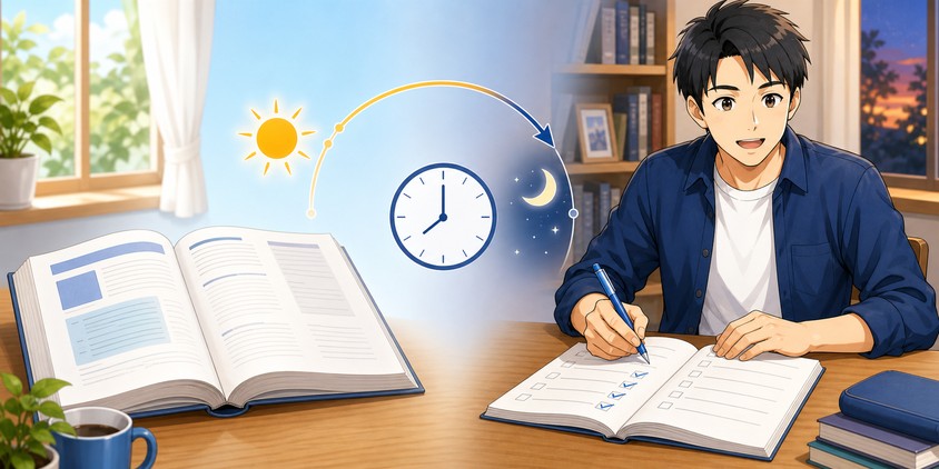 テキストを読んだ日に問題演習で確認する男性受験生