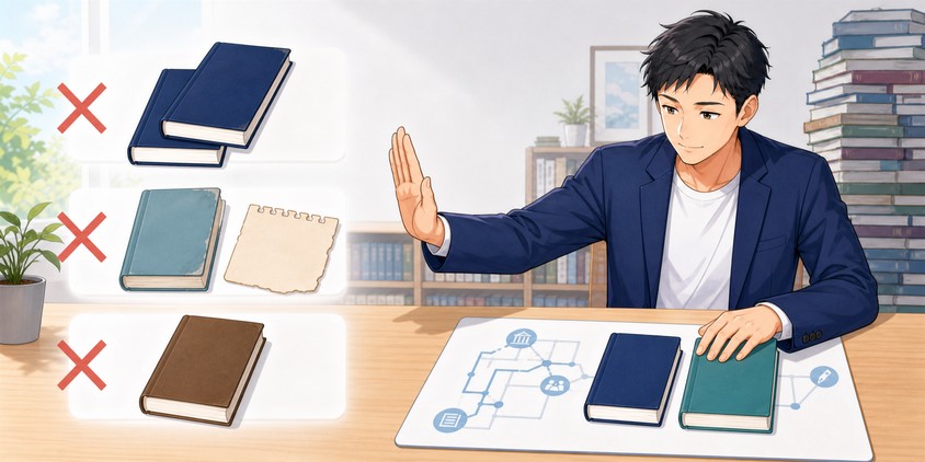 重複・旧年度・試験範囲外の参考書を買わないと判断する男性