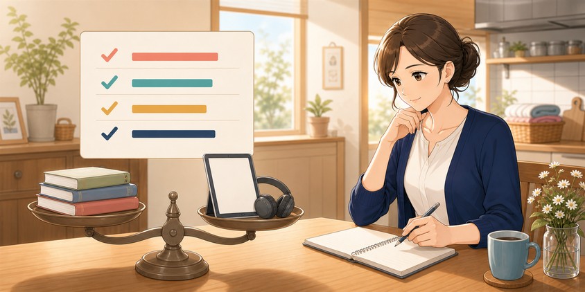 独学用教材と補助講座を比較して追加するか判断する主婦