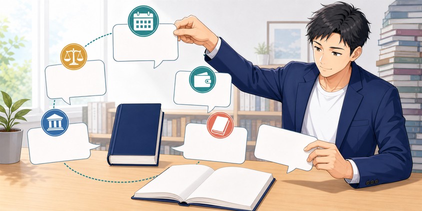 行政書士の独学参考書に関する疑問を整理する男性
